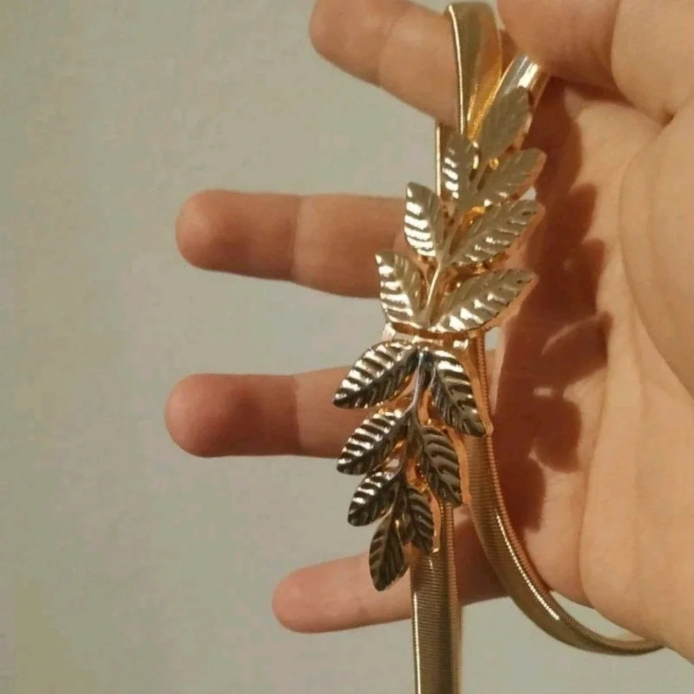 Gold metal snake stretch skinny waist belt leaf buckle Formal wedding event